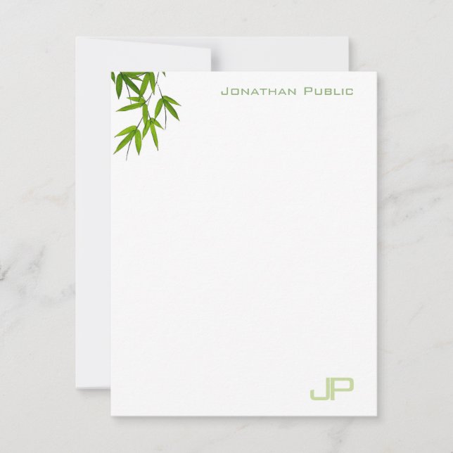 Carte De Correspondance Aquarelle Vert Bambou Feuilles Monogramme Moderne (Devant)