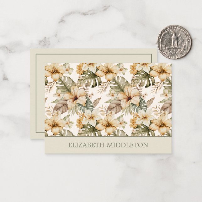 Carte De Correspondance Aquarelle verte et crème Tropical Floral (Devant/Arrière en situation)