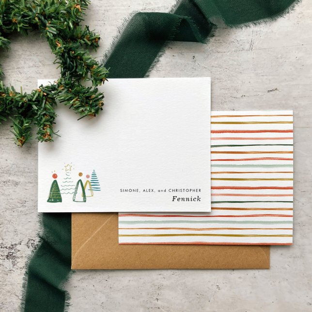 Carte De Correspondance Arbre de Noël Fête Moderne Aquarelle Budget (Watercolor Christmas trees and striped backer personalized holiday note cards.)
