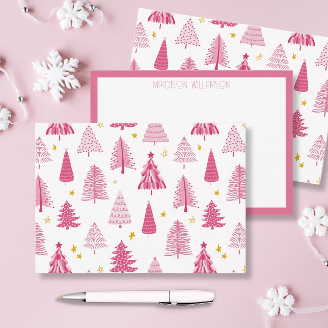 Carte De Correspondance Arbre de Noël rose pour les fêtes (Pink personalized Christmas holiday notecards in woodland forest illustration. )