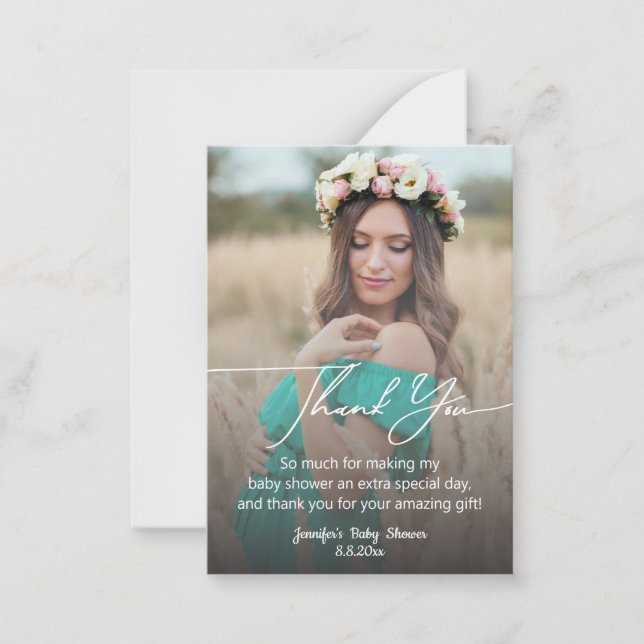 Carte De Correspondance baby shower d'écriture moderne photo merci (Devant)