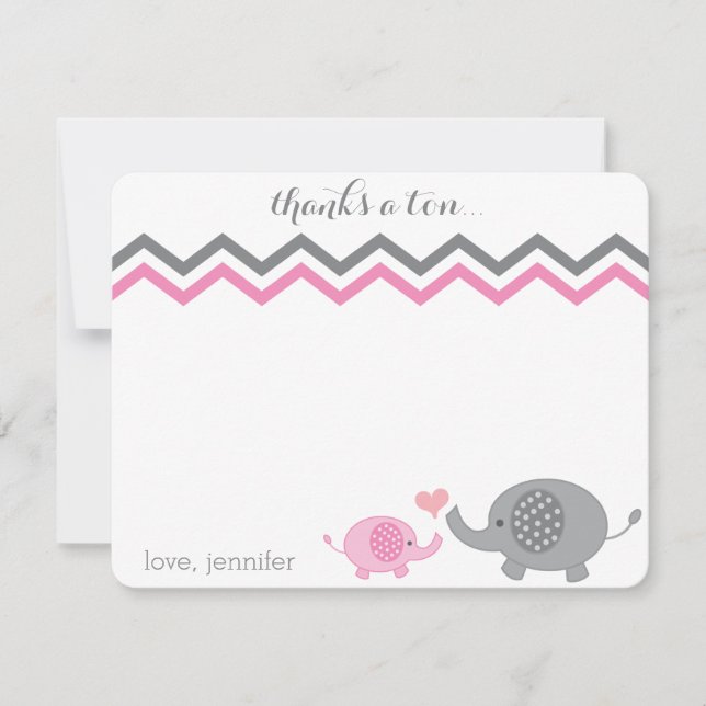 Carte De Correspondance Baby shower éléphant Merci rose Grey Chevron (Devant)