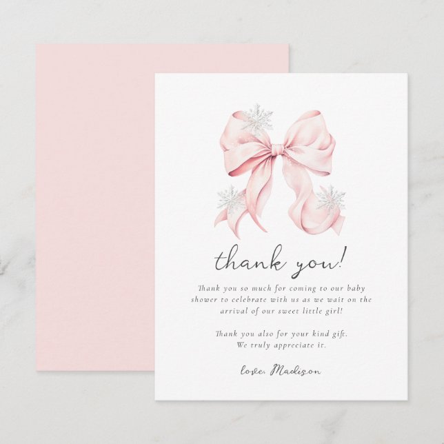 Carte De Correspondance Baby Shower Flocon de Neige Hiver Ruban Rose (Devant / Derrière)