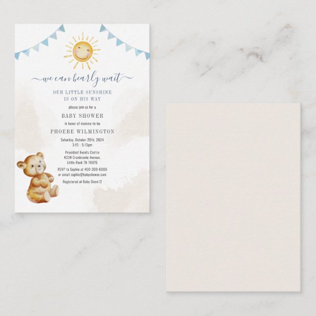 Carte De Correspondance Baby shower pour garçons d'ours et de soleil (Devant / Derrière)