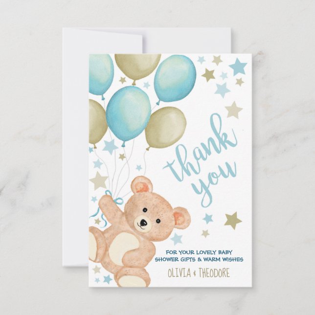 Carte De Correspondance Ballons Ours Teddy Boy Baby shower Merci (Devant)