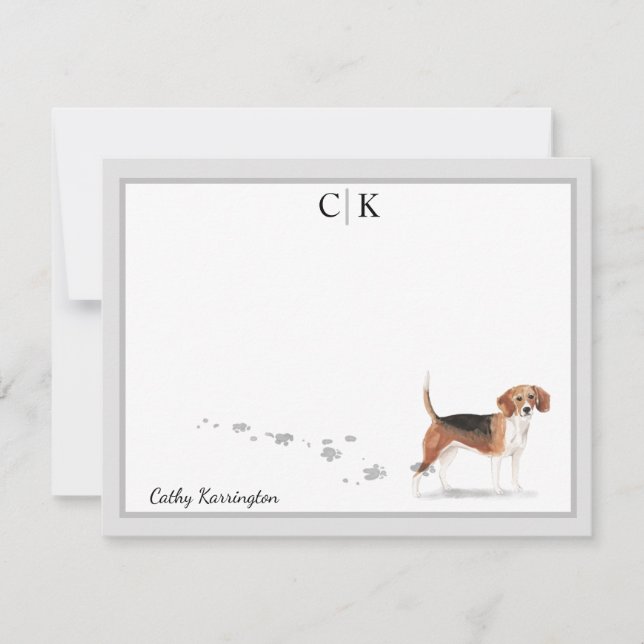 Carte De Correspondance Beagle Chien Gris Bordure Monogramme Votre nom (Devant)