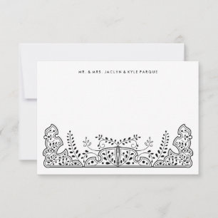 Carte De Correspondance Beau Feuille noir et blanc Mariage de henné