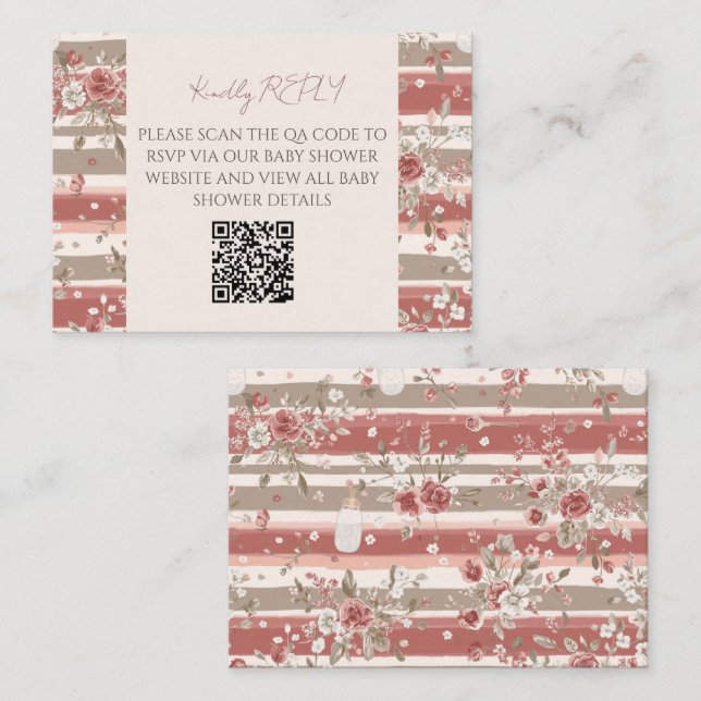 Carte De Correspondance Bébé Fille Rose Poussiéreuse Code QR RSVP  (Devant / Derrière)