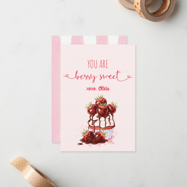 Carte De Correspondance Berry Sweet Stripes Cupcake Whimsy Valentines Day (Devant/Arrière en situation)