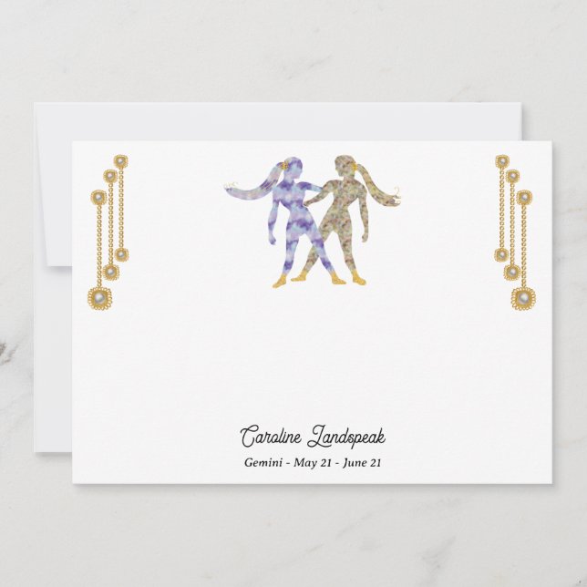 Carte De Correspondance Bijoux Pearl & Gold avec signe Gemini Zodiac (Devant)