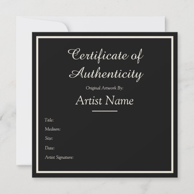 Carte De Correspondance Black Customizable Certificate of Authenticity (Devant)