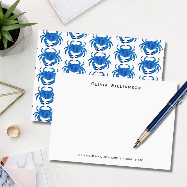 Carte De Correspondance Bleu crabe inspiré de la côte (Blue coastal crab, crustacean illustrated notecard. Personalize with your name & address details.)