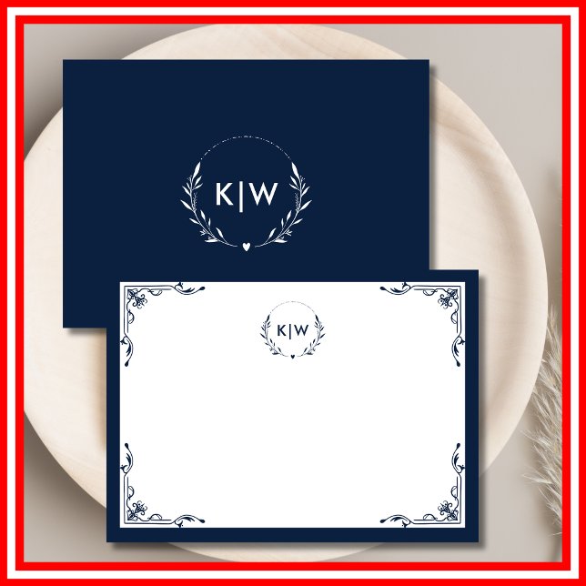 Carte De Correspondance Bleu marine et blanc | Monogramme initiales modern (Navy Blue and White | Modern Initials Monogram Note Card)