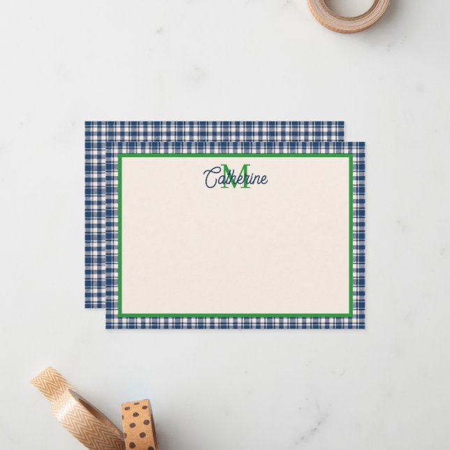 Carte De Correspondance Blue and Green Gingham Plaid Tartan Monogram (Devant/Arrière en situation)