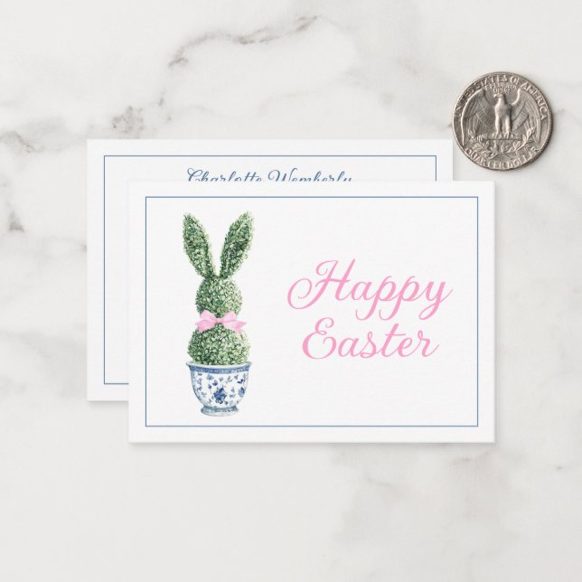 Carte De Correspondance Blue and White Chinoiserie With Rabbit Topiary (Devant/Arrière en situation)