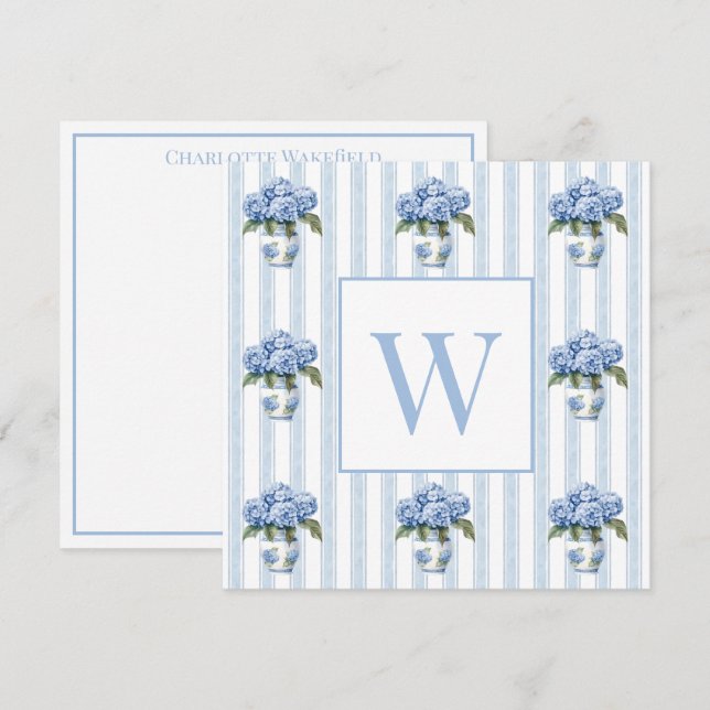 Carte De Correspondance Blue and White Hydrangeas on Stripes Monogram (Devant / Derrière)