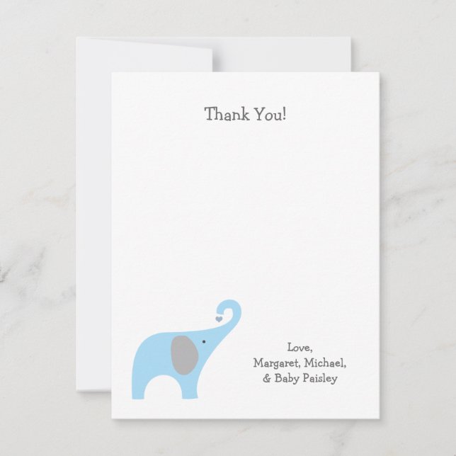 Carte De Correspondance Blue Grey Elephant Baby shower Merci Notes (Devant)