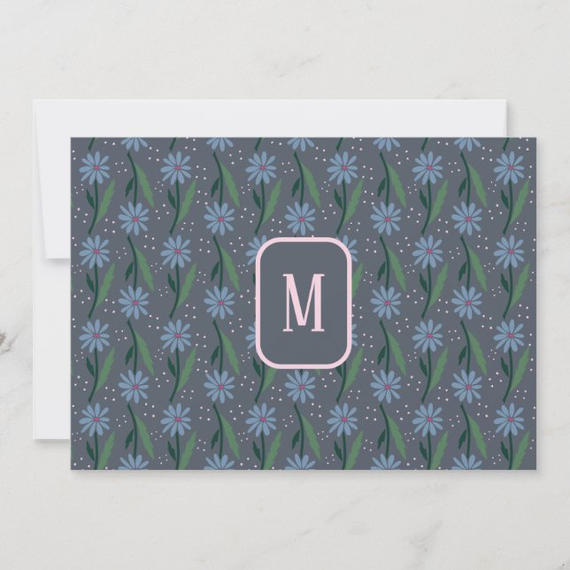 Carte De Correspondance Blue Hand-Drawn Retro Daisy Monogram (Devant)