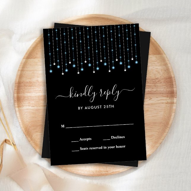 Carte De Correspondance Blue Silver Stars String Lights Wedding RSVP (Créateur téléchargé)
