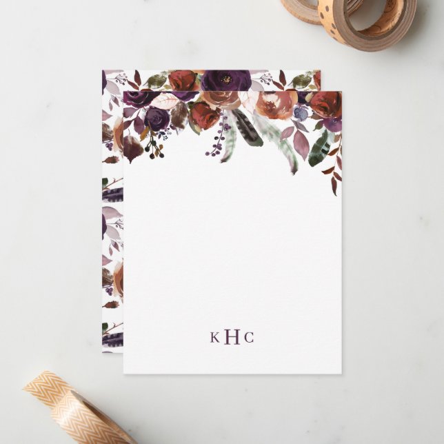 Carte De Correspondance Boho Fall Floral Monogramme Papier à lettres (Devant/Arrière en situation)