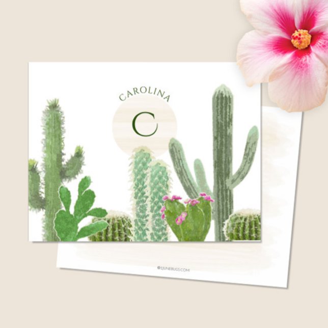 Carte De Correspondance Boho Monogramme Désert Cactus Aquarelle Florale (Créateur téléchargé)