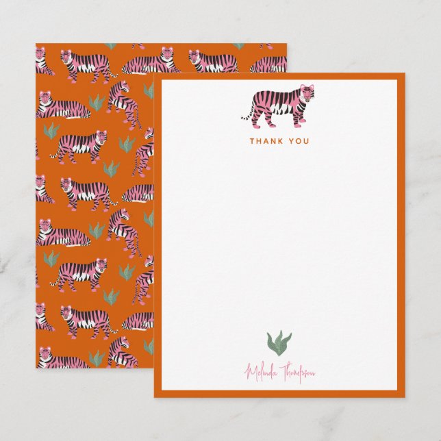 Carte De Correspondance Boho Orange Pink Jungle Tiger Script (Devant / Derrière)