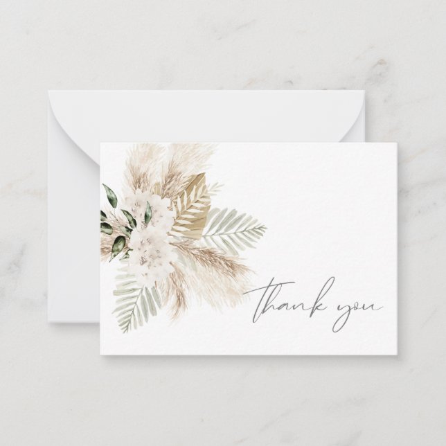 Carte De Correspondance Boho Palm Feuille & Pampas & Merci Floral Beige (Devant)