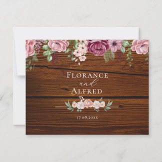 Carte De Correspondance Bois rustique fleuri élégant marron blanc mariage