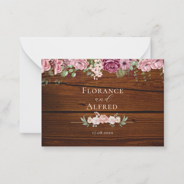 Carte De Correspondance Bois rustique fleuri élégant marron blanc mariage (Devant)