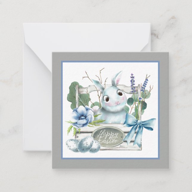Carte De Correspondance Boîte de fleurs de Pâques lapin bleu joyeux (Devant)