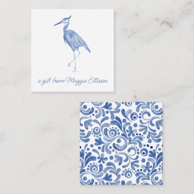 Carte De Correspondance Boîtier cadeau Chinoiserie Aquarelle bleu Heron (Devant / Derrière)