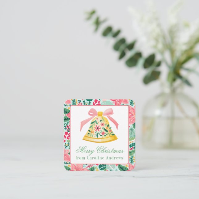 Carte De Correspondance Boîtier cadeau Preppy Pink & Green Christmas Bell (Debout devant)