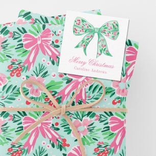 Carte De Correspondance Boîtier cadeau Preppy Rose & Green Christmas Bow