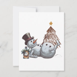 Carte De Correspondance Bonhomme de neige ivre avec une bouteille de whisk