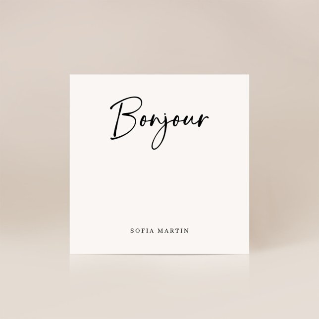 Carte De Correspondance Bonjour | Élégant script français noir et blanc (An elegant French style note card that says "Bonjour" in modern script)