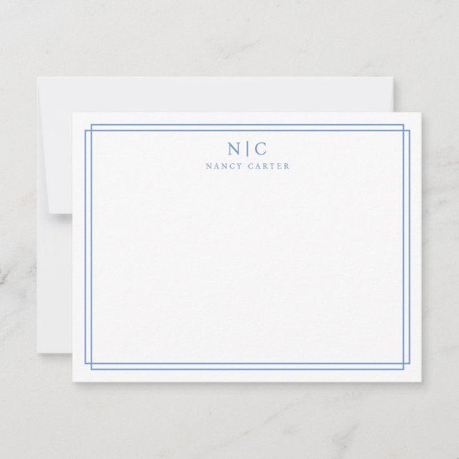 Carte De Correspondance Bordure géométrique Monogramme bleu bébé (Devant)