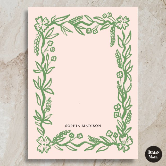 Carte De Correspondance Bordure ondulée florale rose vert (Créateur téléchargé)