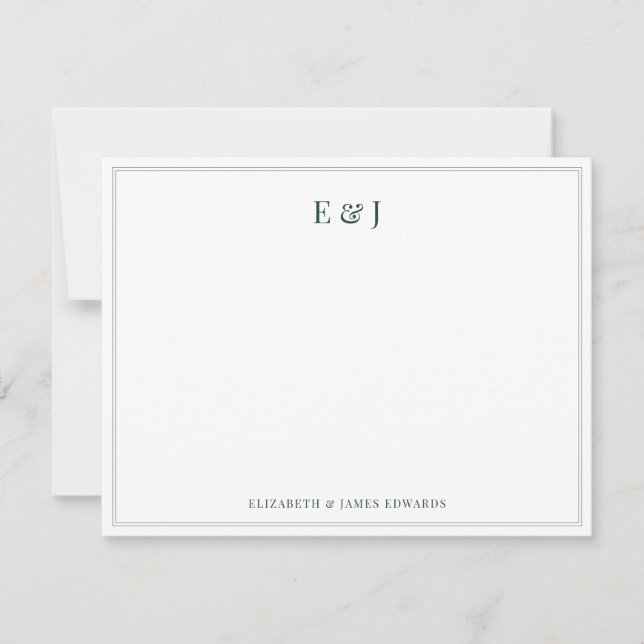 Carte De Correspondance Bordure Vert Émeraude Élégants Initiales de Couple (Devant)