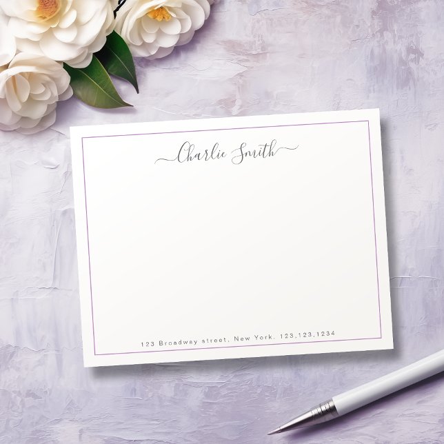 Carte De Correspondance Bordure violet simple script personnalisé (Simple script purple border personalized note card)