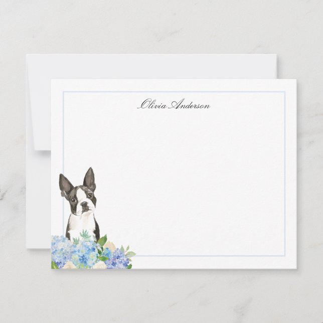 Carte De Correspondance Boston Terrier Blue Hydrangea Personnalisé (Devant)
