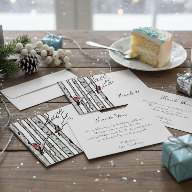 Carte De Correspondance Bouleaux modernes et oiseaux rouges Merci (Elegant Red Cardinal Bird in Winter Birch Tree Forest Thank You Note Card for Christmas & Holidays)