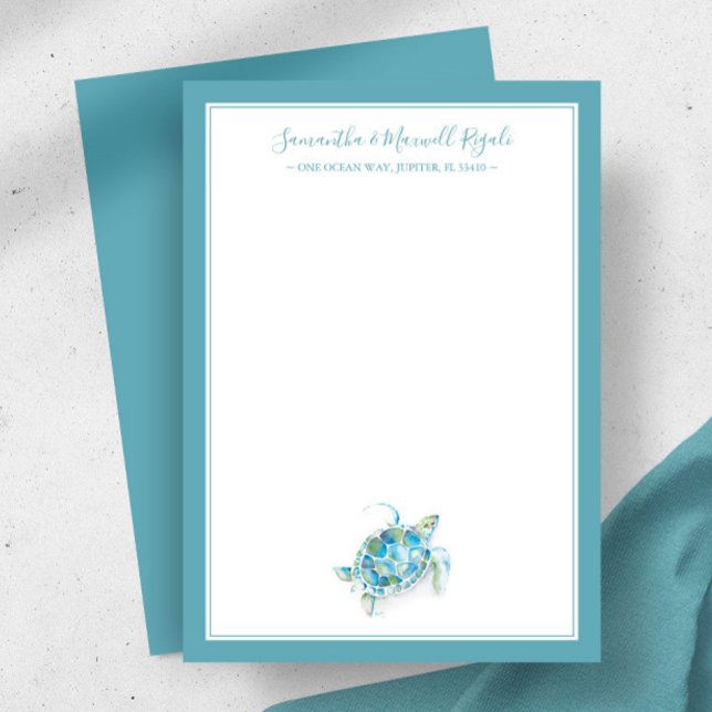 Carte De Correspondance Bouteille marine Stationery personnalisée pour les (Personalized stationery for women watercolor sea turtle art by Victoria Grigaliunas Do Tell A Belle)