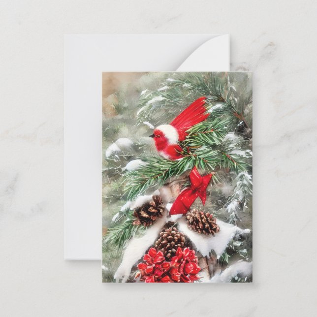 Carte De Correspondance Branche enneigée et oiseau budget mini Noël (Devant)