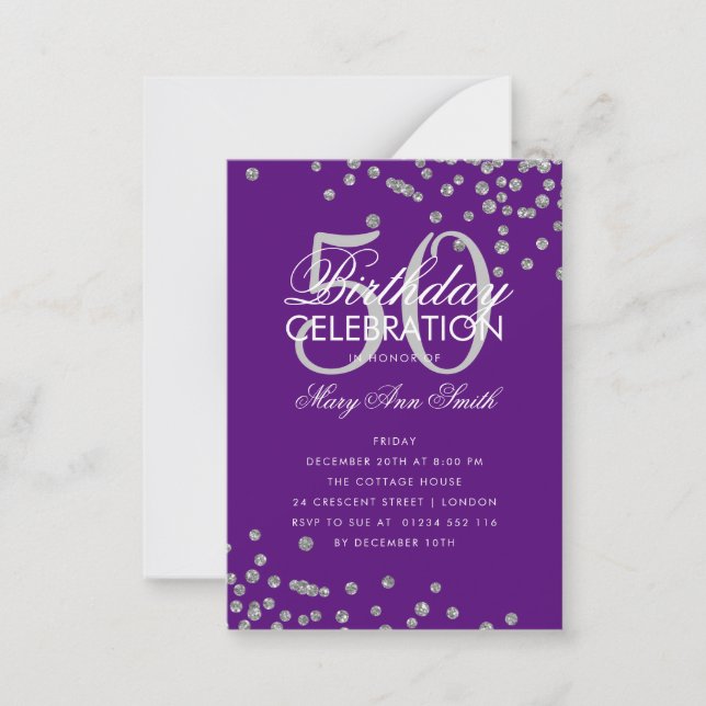 Carte De Correspondance Budget Anniversaire Confetti Argent violet Invitat (Devant)
