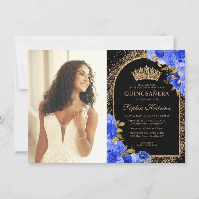Carte De Correspondance Budget Black Blue Gold Floral Photo Quinceanera (Devant)