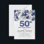 Carte De Correspondance Budget Blue Silver Balloon Parties scintillant 50e<br><div class="desc">Glam Moderne Marine Bleu Balloon Argent Parties scintillant Étincelle N'importe quel âge Anniversaire Invitation</div>