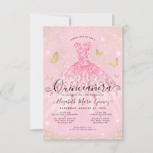 Carte De Correspondance Budget Blush Pink Gold Parties scintillant Gown Qu (Devant)