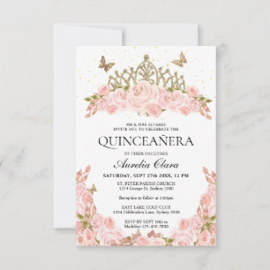 Carte De Correspondance BUDGET Blush rose Floral Or Tiara Quinceanera