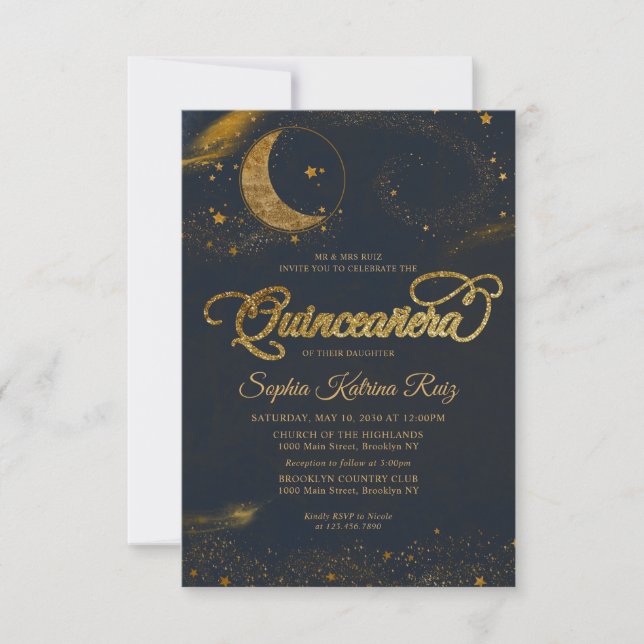 Carte De Correspondance Budget Celestial Blue Gold Star Moon Quinceanera (Devant)