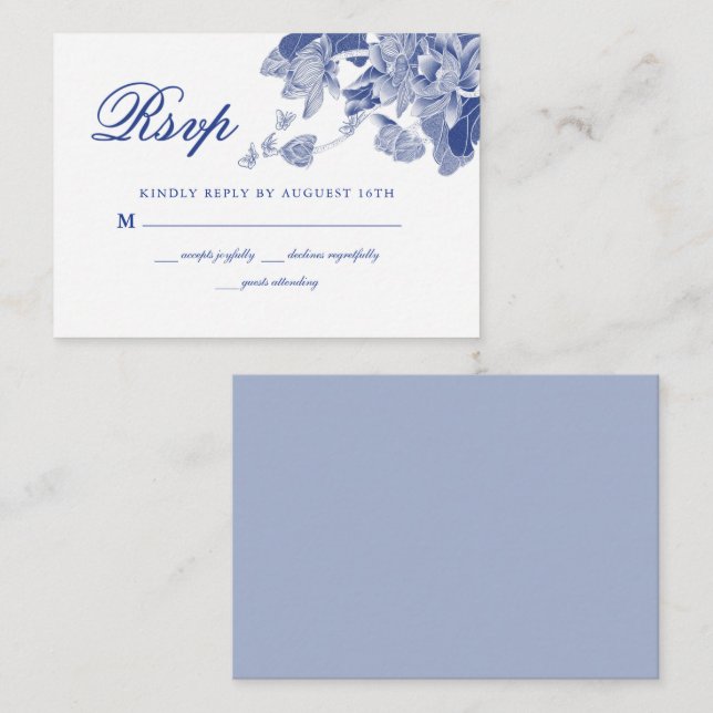 Carte De Correspondance BUDGET Classique Bleu Blanc Floral Mariage RSVP (Devant / Derrière)